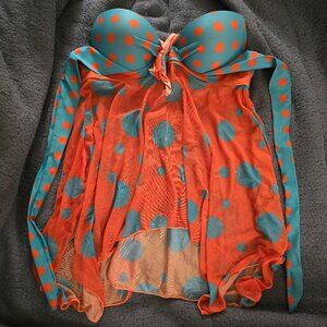 Blue and orange polkadot strapless bikini top